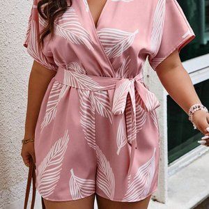 SHEIN Tropical Print Batwing Sleeve Knot Front Romper, Large